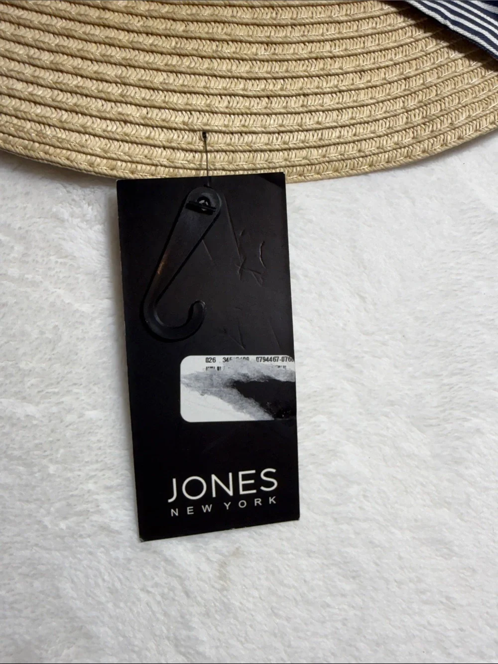 Jones New York Wide Brim Straw Sun Hat with Navy-White Stripe Band